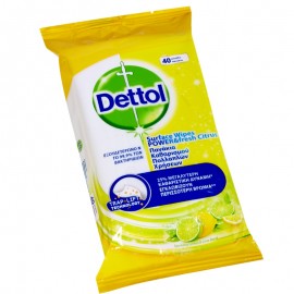 Dettol Αντιβακτηριδιακά Μαντηλάκια Καθαρισμού Επιφανειών με Άρωμα Λεμόνι & Lime 40τεμ