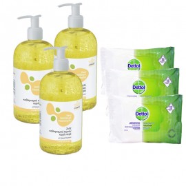 PROMO PACK -ΤΡΙΑ (3) Camoil Johnz Hand Sanitizing & Cleansing Gel with Lemon 3x500ml & Dettol ΥΓΡΑ ΜΑΝΤΗΛΑΚΙΑ ΑΝΤΙΒΑΚΤΗΡΙΔΙΑΚΑ  3x15pic